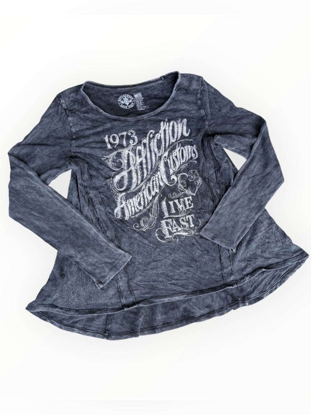 Affliction Women's Washed Charcoal Long Sleeve Tee with White Script Graphic